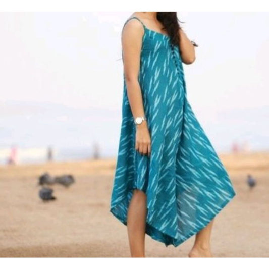 Pure Cotton Green Ikkat Handblock Printed Prestitched Dress (Size 34 to 46)-Indiehaat