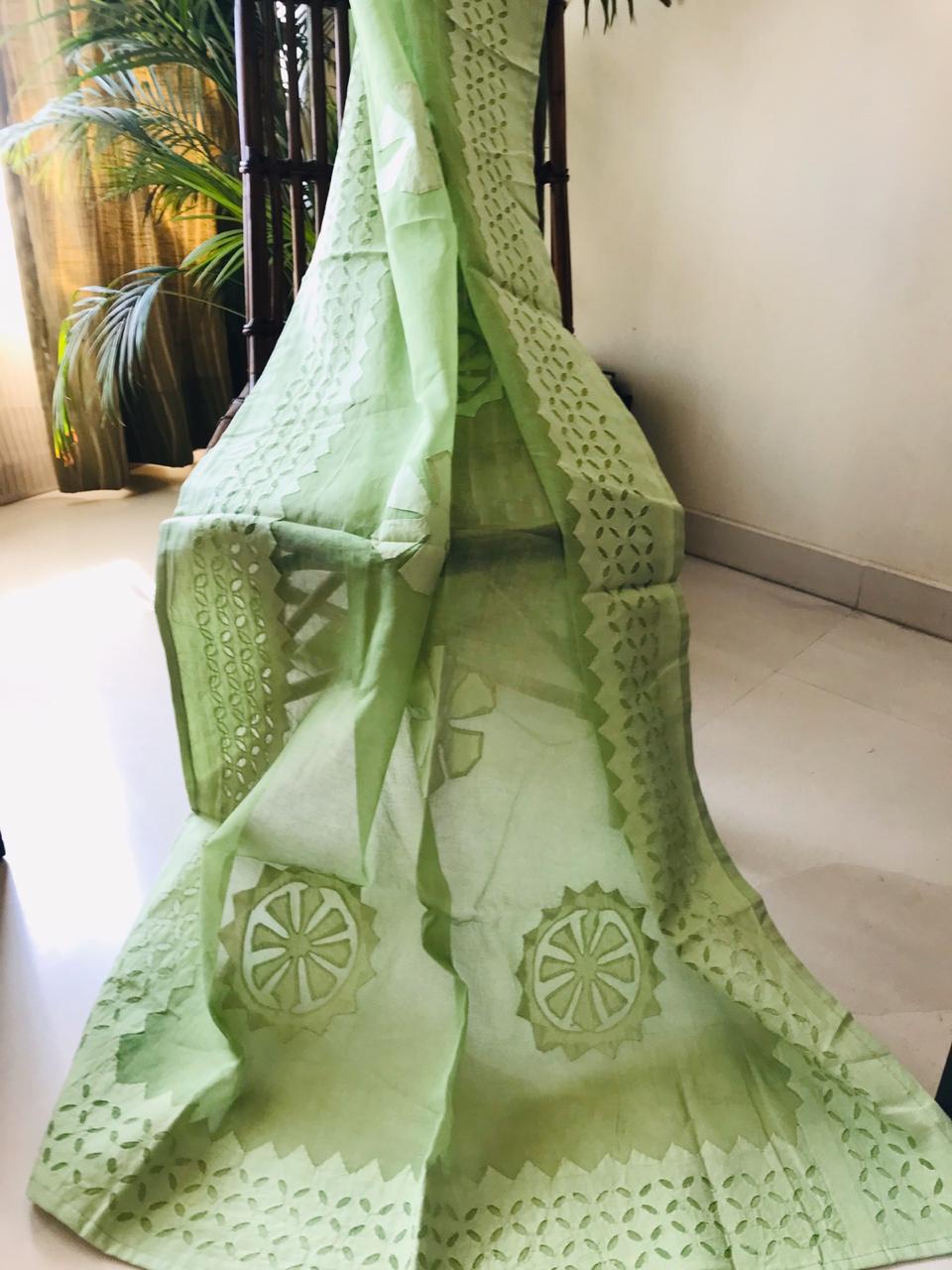 Organdy Cotton Saree Applique work Pista Green Colour with running blouse
