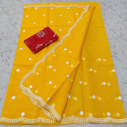 Kota Doria Sarees Embroidery work with blouse Yellow Colour-Indiehaat