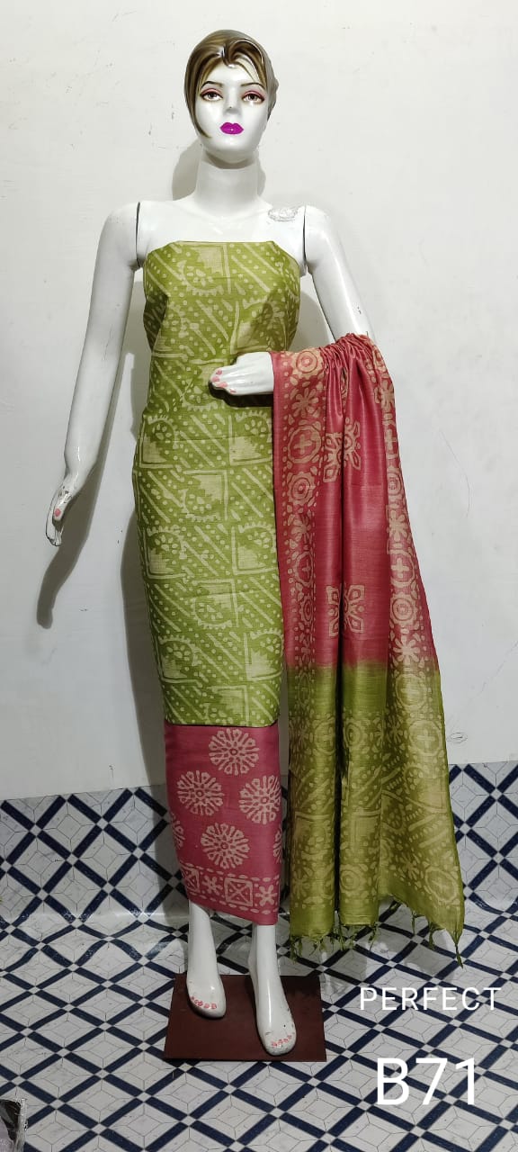 Handblock Printed Khadi Cotton Batik Print Suit Piece with Bottom and Dupatta