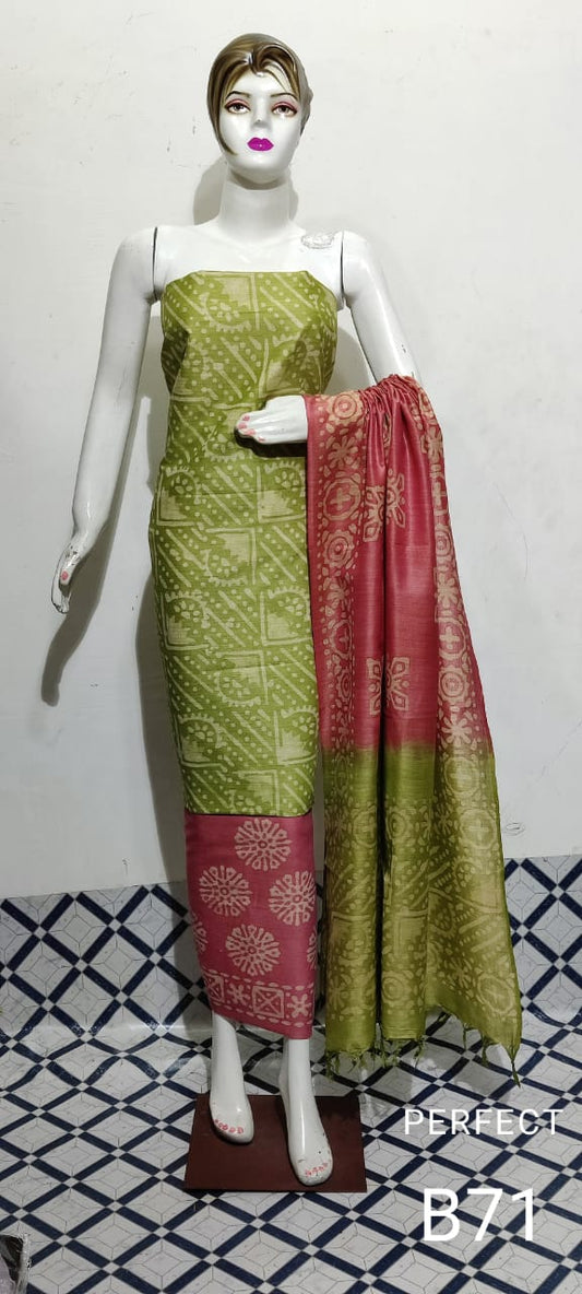 Khadi Cotton Batik Handblock Print Green Suit Piece with Bottom and Dupatta-Indiehaat