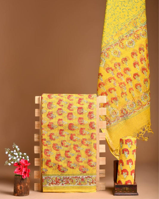 Kota Doria Suit (Top+Bottom+Dupatta) Yellow Color Handblock printed - IndieHaat