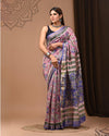 Pure Maheshwari Silk Saree Light Pink Handblock Printed with running blouse