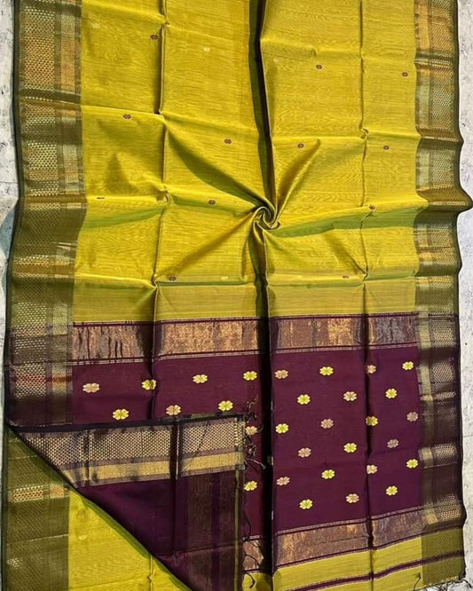 Maheshwari Handloom Handwoven Saree Goldenrod Yellow Color Double Design Zari Border, flower work Buti pallu and running blouse - IndieHaat