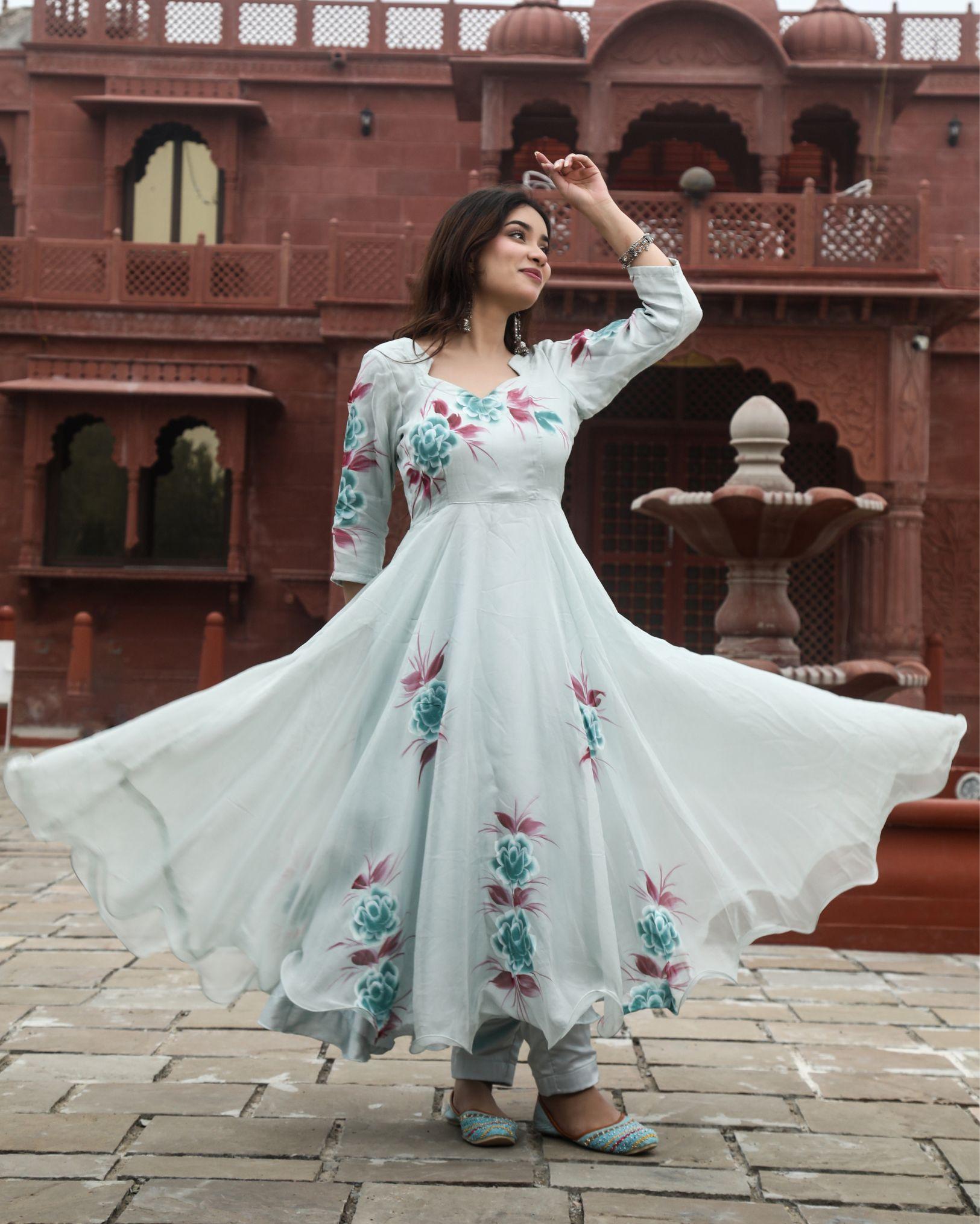 Organza Stitched Suit Grey Color Hand painted - IndieHaat