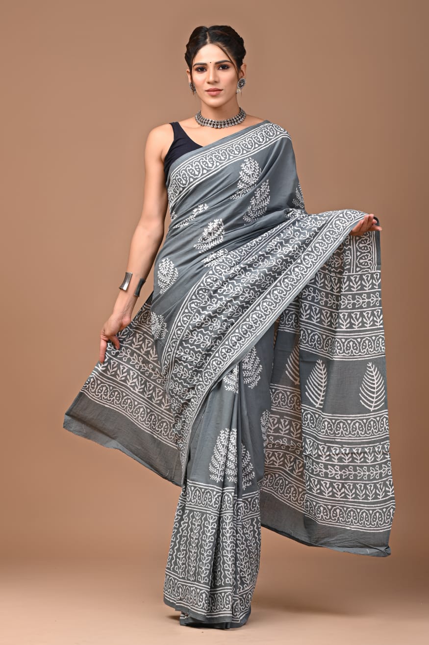 Mulmul Cotton Saree Grey Color Handblock Printed with running blouse - IndieHaat