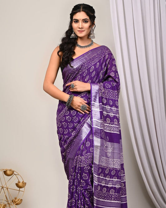 Linen Saree Purple Color Handblock Kalamkari Printed with running blouse - IndieHaat