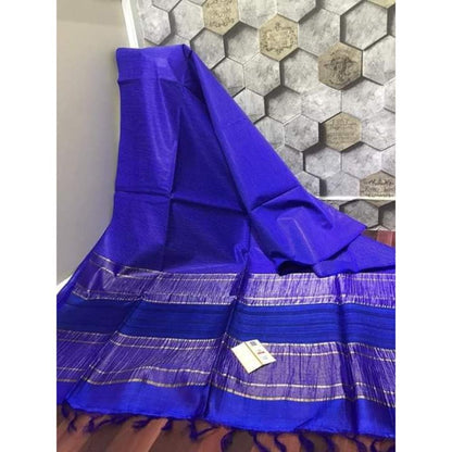 Silkmark Certified Pure Eri Silk Blue Saree with Running Blouse-Indiehaat