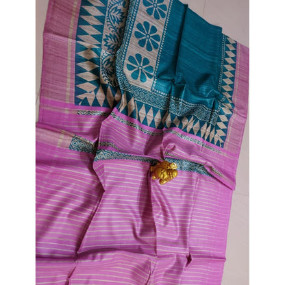 Silkmark Certified Tussar Silk Handloom Handblock Printed Blue and Pink Saree with Blouse-Indiehaat