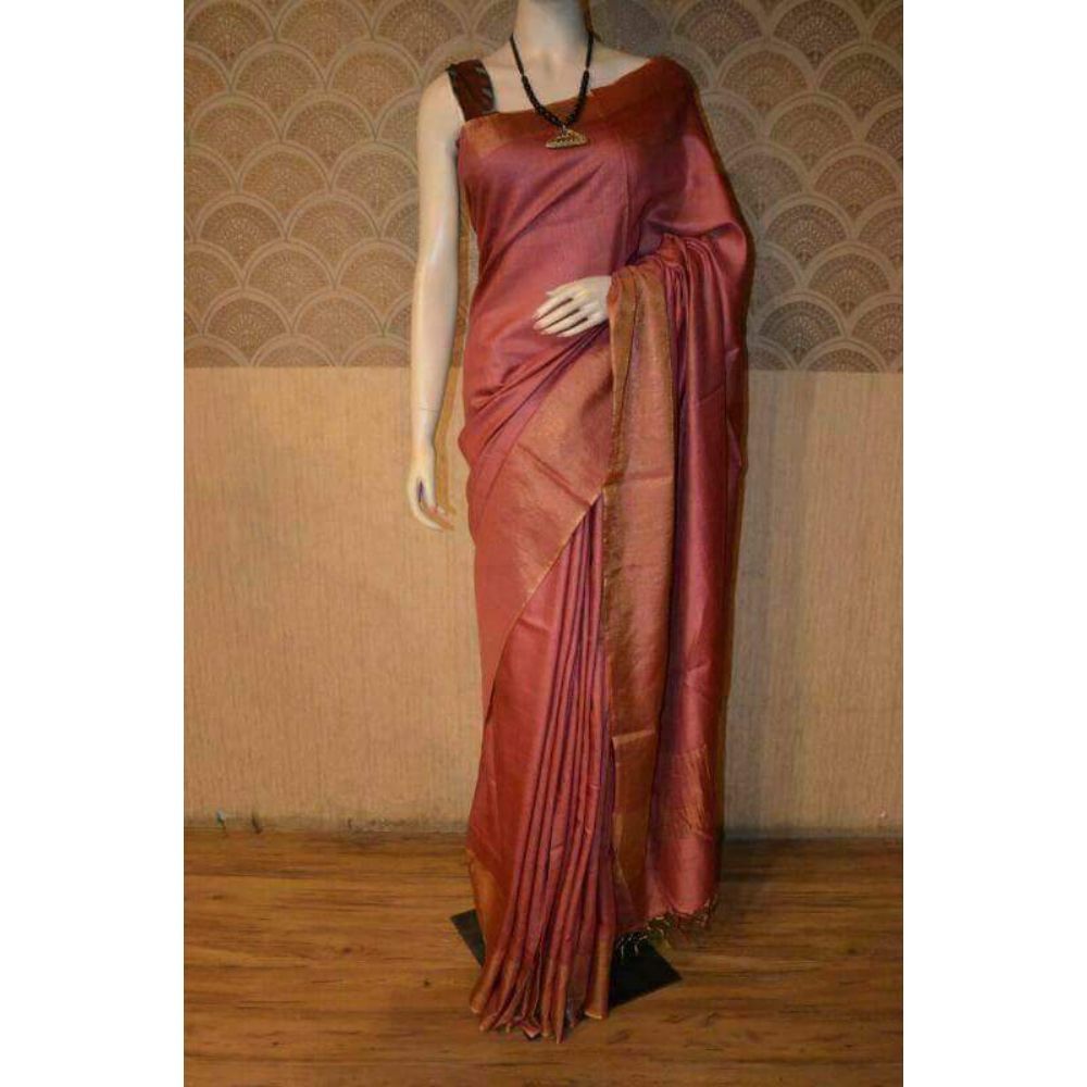 Silkmark Certified Moonga Tussar Rust Red Silk Saree with Running Blouse Handcrafted-Indiehaat