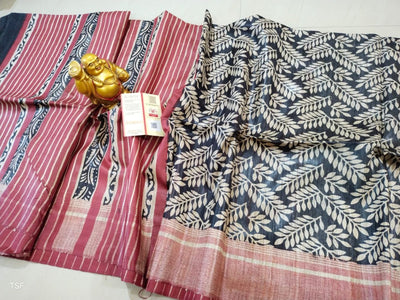 Silkmark Certified Tussar Silk Handloom Handblock Printed Black and Maroon Saree with Blouse-Indiehaat