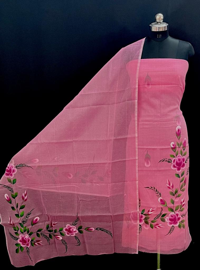 Kota Doria Hand Painted Suits Pink Colour (TOP+DUPATTA+BOTTOM)