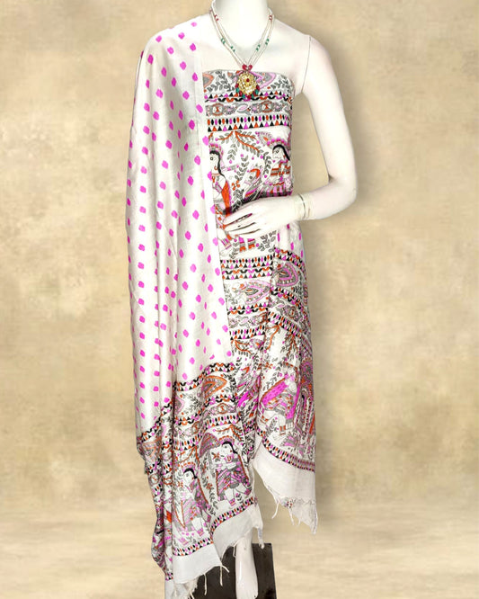 Katan Silk Suits Off White Color Handblock Printed - IndieHaat 