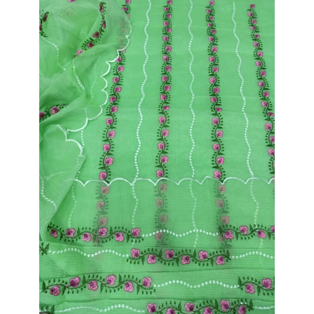 Kota Doria Green Suit Material Embroidered and Hand Dyed with Dupatta-Indiehaat