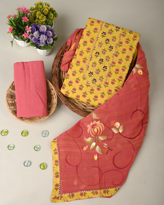 Cotton Suits Goldenrod Yellow Color Handwork with Mulmul Heavy Handwork Dupatta - IndieHaat