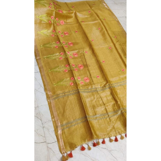 Silk Linen Embroidered Handloom Mustard Yellow Saree with Blouse-Indiehaat