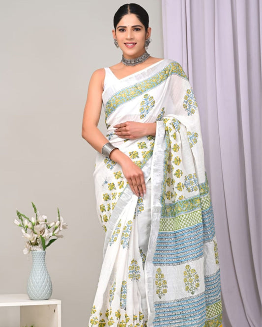 Linen Saree White Color Handblock Kalamkari Printed with running blouse - IndieHaat