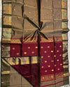 Maheshwari Handloom Handwoven Saree Pale Brown Color Double Design Zari Border, flower work Buti pallu and running blouse - IndieHaat