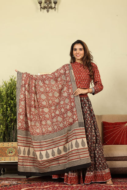 Handblock Printed Cotton Lehanga And Top With Mulmul Dupatta (Size: 34-46) Red & Black Color-Indiehaat