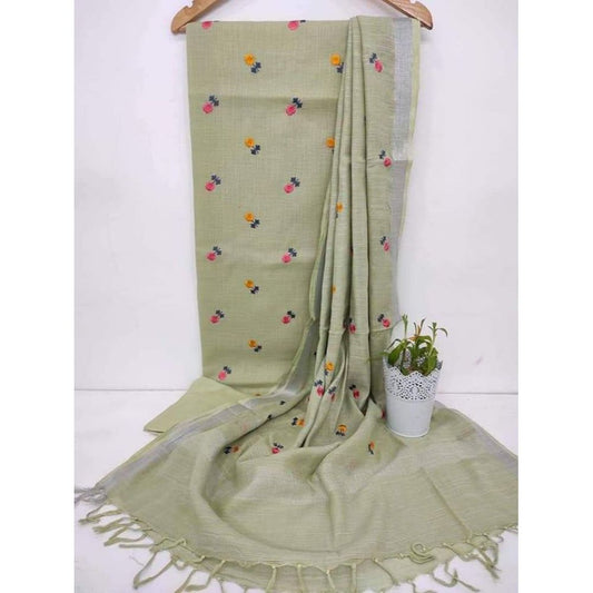 Handcrafted Katan Silk Green Suit Piece with Bottom and Dupatta-Indiehaat