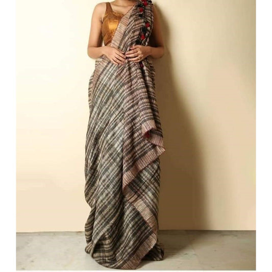 Pure Ghicha Tussar Silk Brown Saree with Running Blouse SilkMark Certified-Indiehaat