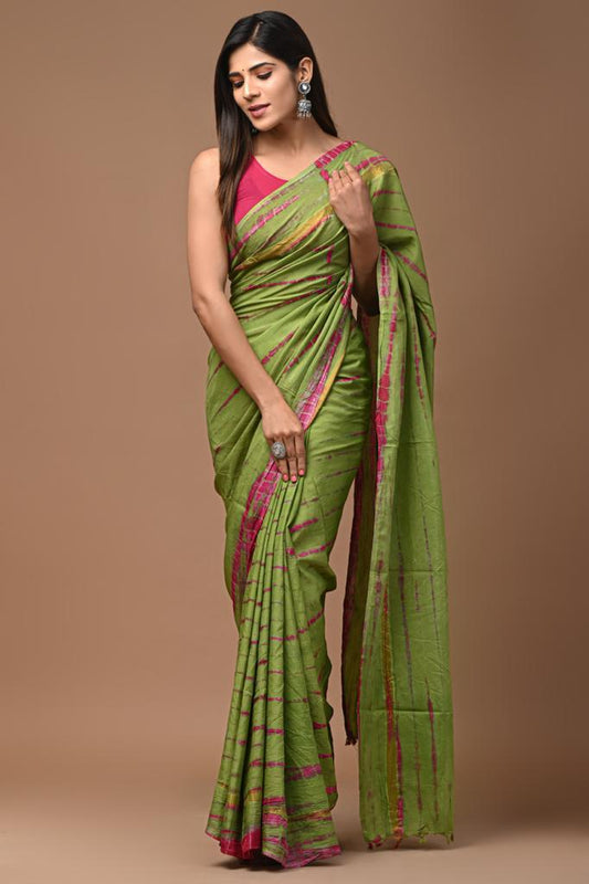 Pure Assam Silk Green and Pink Saree Hand Block Print with Running Blouse-Indiehaat