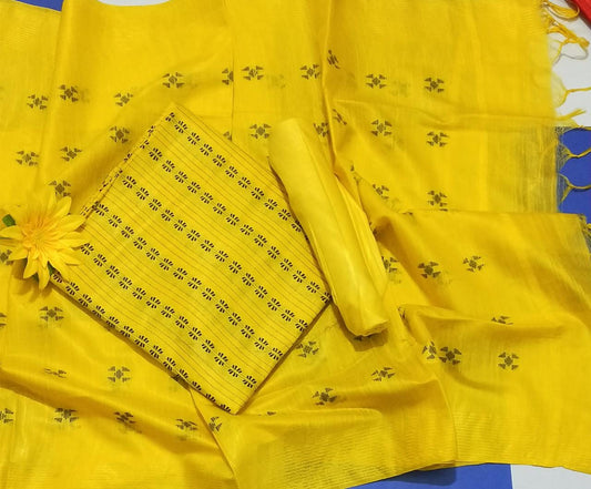 Handcrafted Katan Silk Yellow Suit Piece with Bottom and Dupatta-Indiehaat