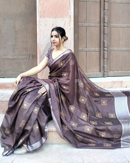 Light Mauve Color Khadi Silk, Designer Saree, Kotasilk
