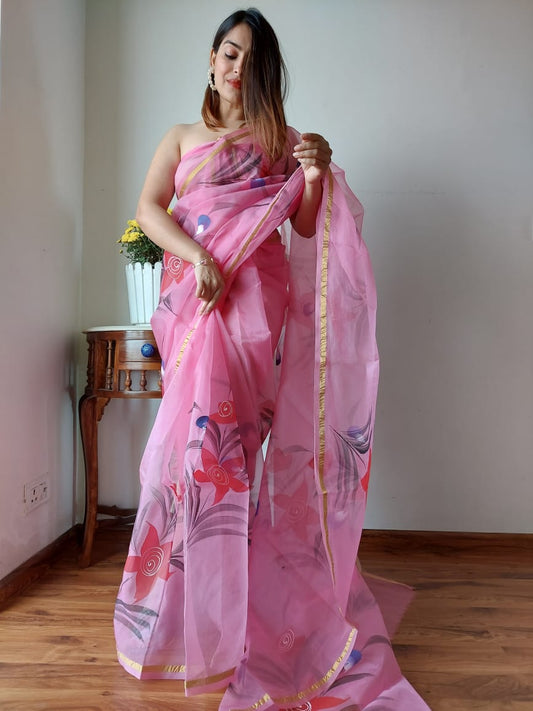 Hand Painted Organza Saree Pink Colour with touch of gold print in vibrant Indian colours and matching running Blouse-Indiehaat