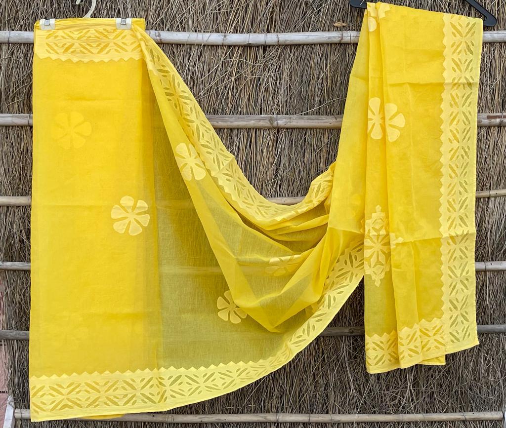 Organdy Cotton Saree Applique work Yellow Colour with running blouse