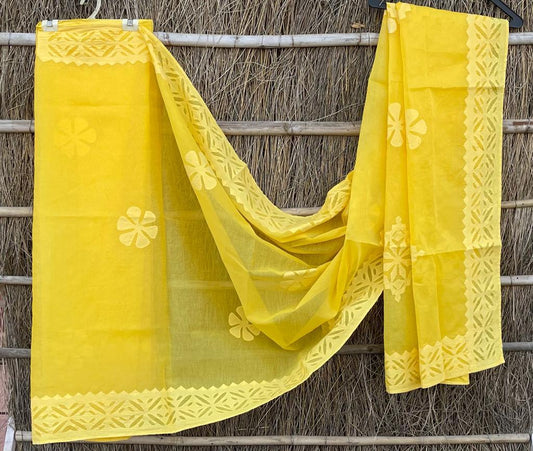 Organdy Cotton Saree Applique work Yellow Colour with running blouse-Indiehaat