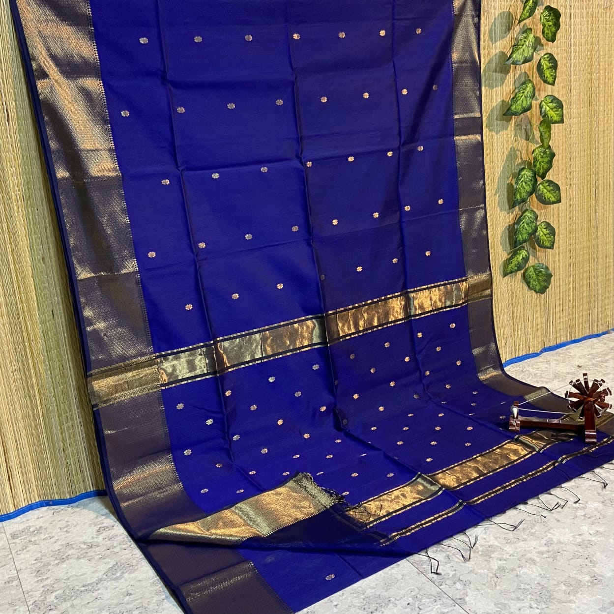 Maheshwari Cotton Silk Saree Butta Body Blue Color and contrast blouse with butta design - IndieHaat
