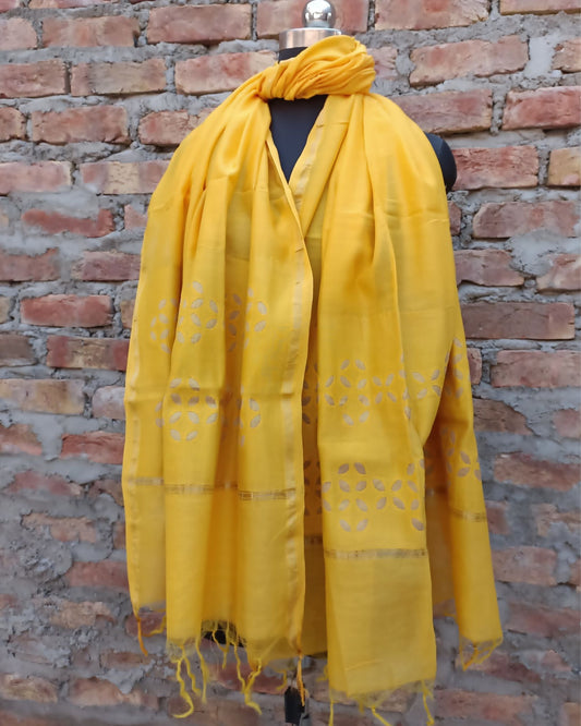 Chanderi Silk Dupatta Light Gold Yellow Color Applique Work - IndieHaat