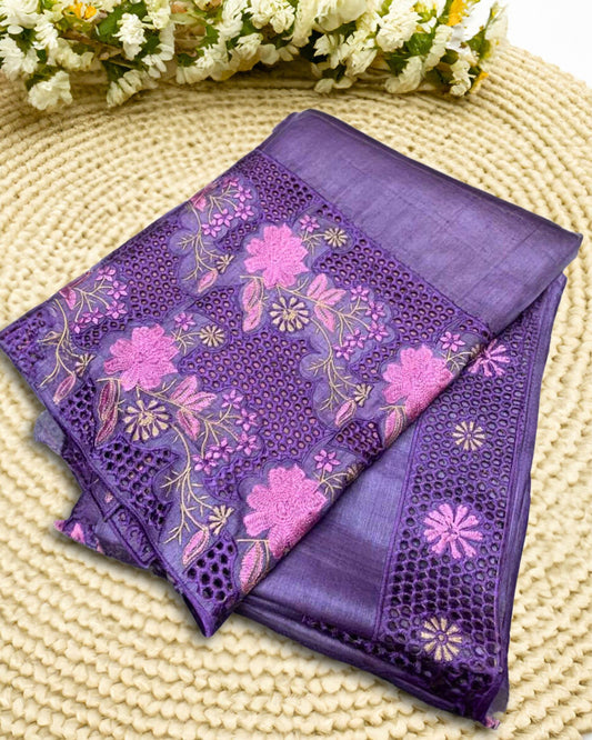 Silkmark Certified Pure Tussar Silk Saree Royal Purple Color Hand Embroidery with Hand Cutwork and running blouse - IndieHaat