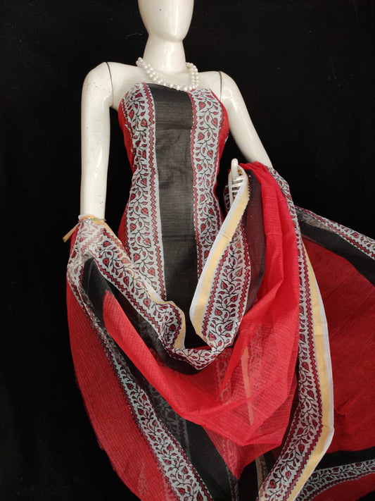 Kota Doria Black and Red Suit Material Handblock Printed with Zari Border Dupatta-Indiehaat