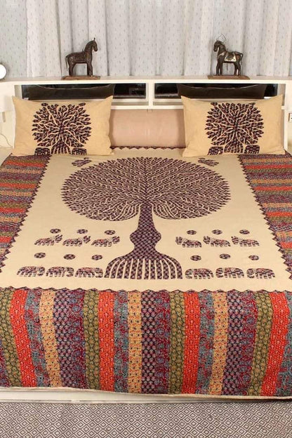 New Tan Orange Color Cotton Bed Cover Tree of Life Azrak patch work kanta work applique work Size: 90 Inch x 108 Inch-Indiehaat