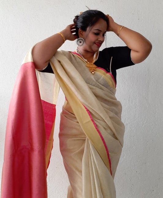Hand Dyed Pure Tissue Linen Saree Cream Colour With Running Blouse-Indiehaat
