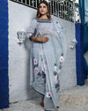 Kota Doria Suit (Top+Bottom+Dupatta) Light Gray Color Hand Painting with Stitch embroidery work - IndieHaat
