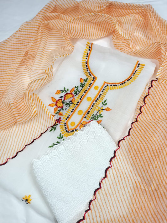 Kota Doria Embroidery White Suit Material with Leheriya Orange color Dupatta and Chikenkari Bottom-Indiehaat