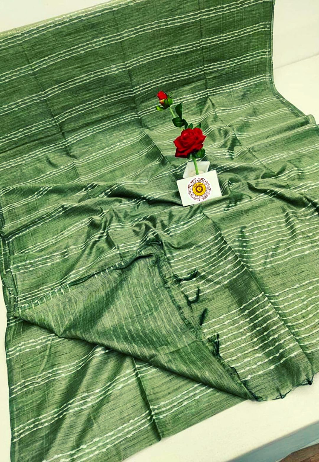 Basaraba Tussar Silk Handloom Saree Amulet Green Colour with Running Blouse