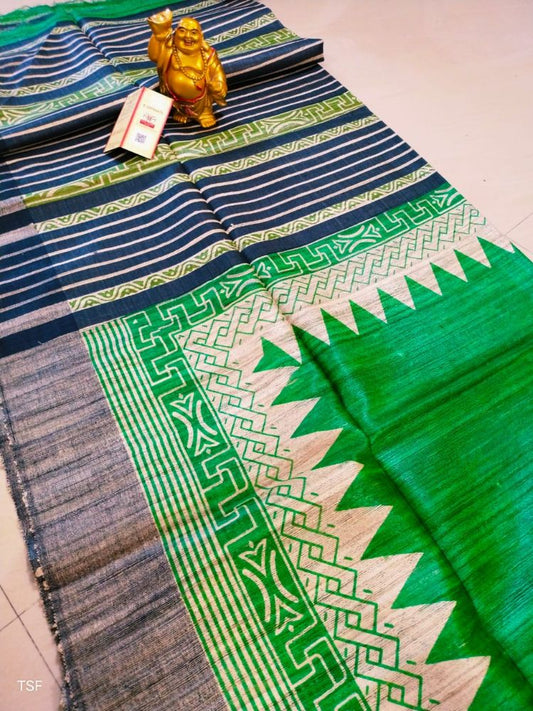 Silkmark Certified Tussar Silk Handloom Handblock Printed Green and Blue Saree with Blouse-Indiehaat