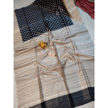 Silkmark Certified Tussar Silk Madhubani Block Print Black Saree with Blouse-Indiehaat