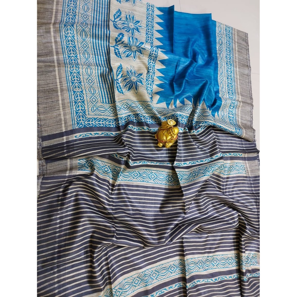 Silkmark Certified Tussar Silk Handloom Handblock Printed Blue and Black Saree with Blouse-Indiehaat