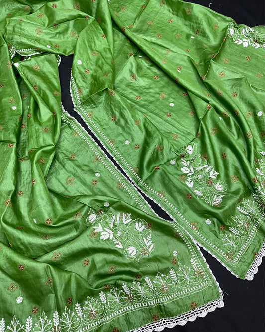 Pure Tussar Silk Dupatta Green Color Chikankari and Crochet work - IndieHaat