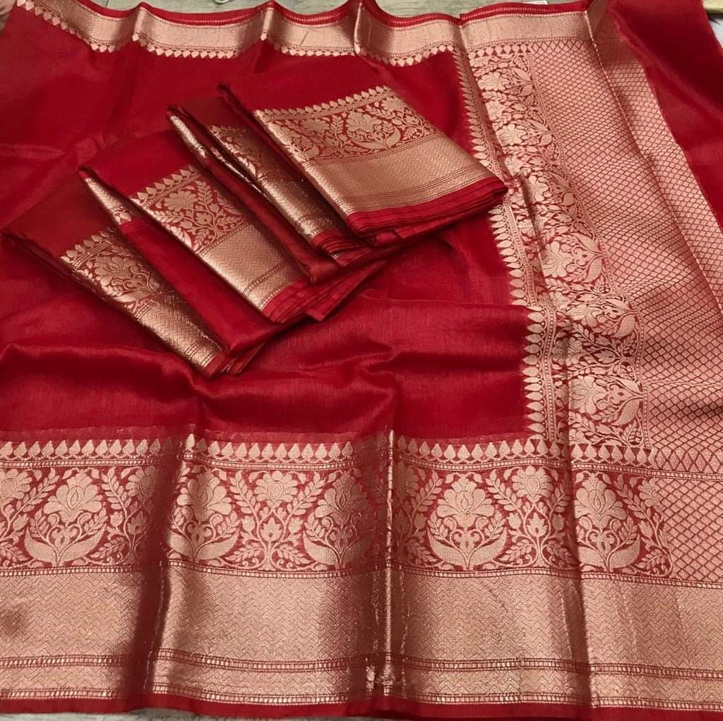 Silk Linen Weaving Design Jacquard Handloom Red Saree with Running Blouse-Indiehaat