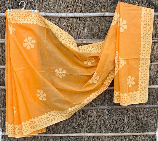 Organdy Cotton Saree Applique work Tangerine Orange Colour with running blouse-Indiehaat