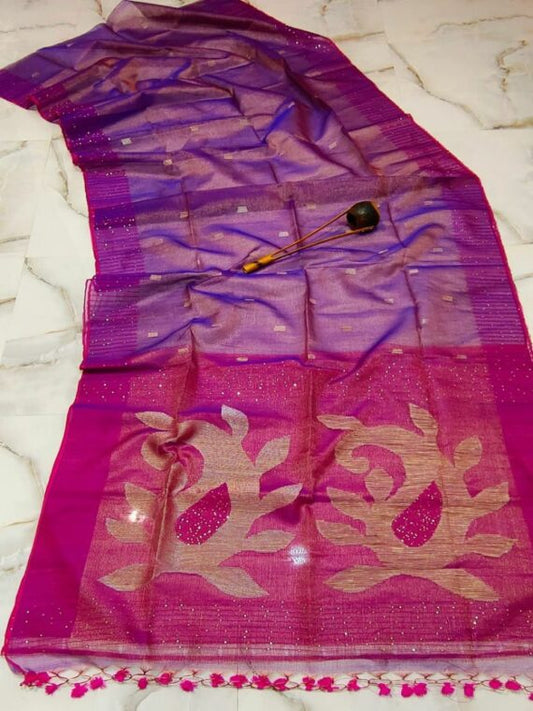 Tissue Muslin Saree Purple Color Jamdani Weaving with running blouse - IndieHaat