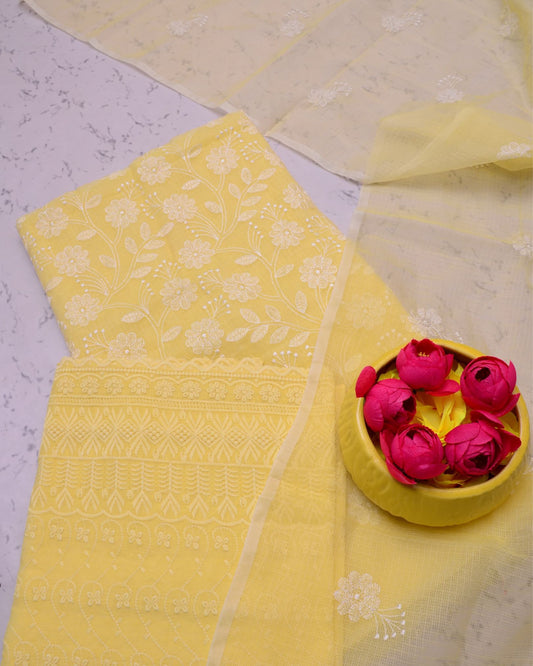 Kota Doria Suits Goldenrod Yellow Color Embroidery Work (Top+Bottom+Dupatta) - IndieHaat