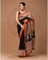 Maheshwari Silk Saree Black Handblock Printed With running blouse (Silk by Silk)