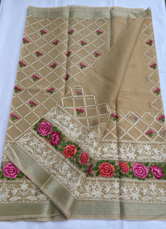 Kota Doria Embroidery Brown Saree with blouse Handcrafted-Indiehaat